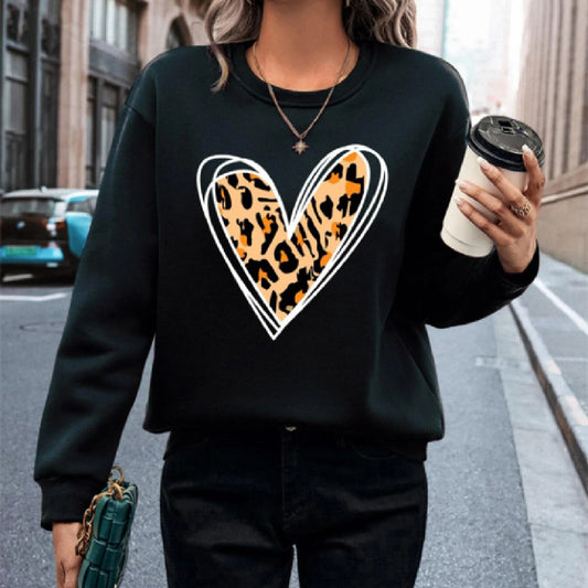 Solid Color Heart Leopard Sweater