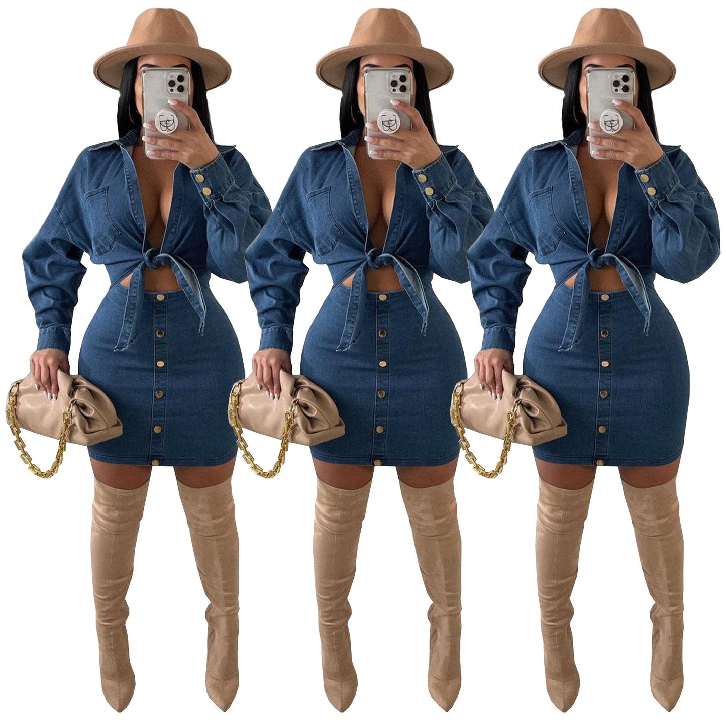Denim Collar Dress Suit