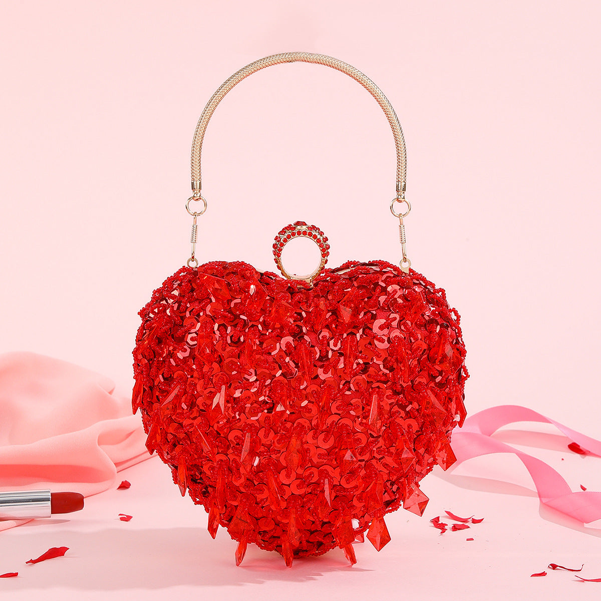 Embroidered Beaded Heart-shaped Handbag