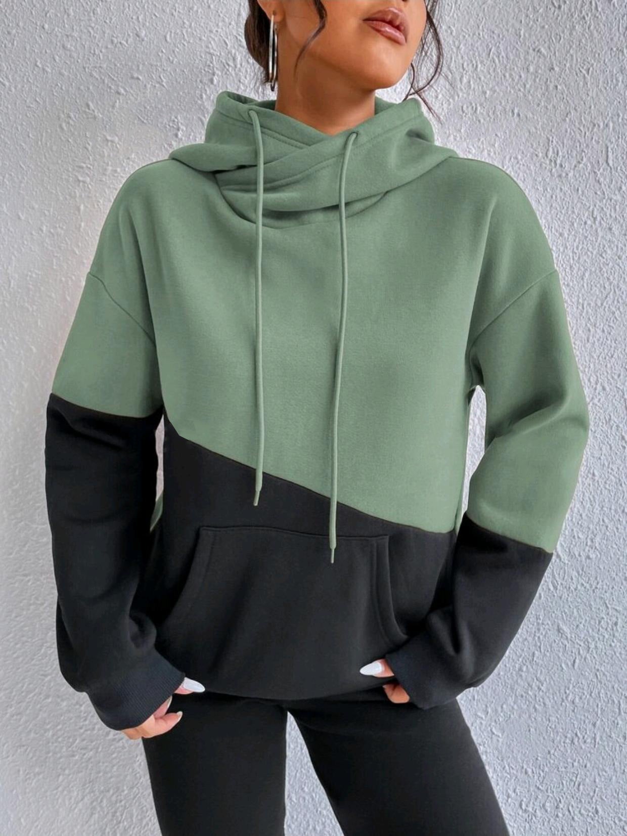 Patchwork Drawstring Loose Hooded Sweater