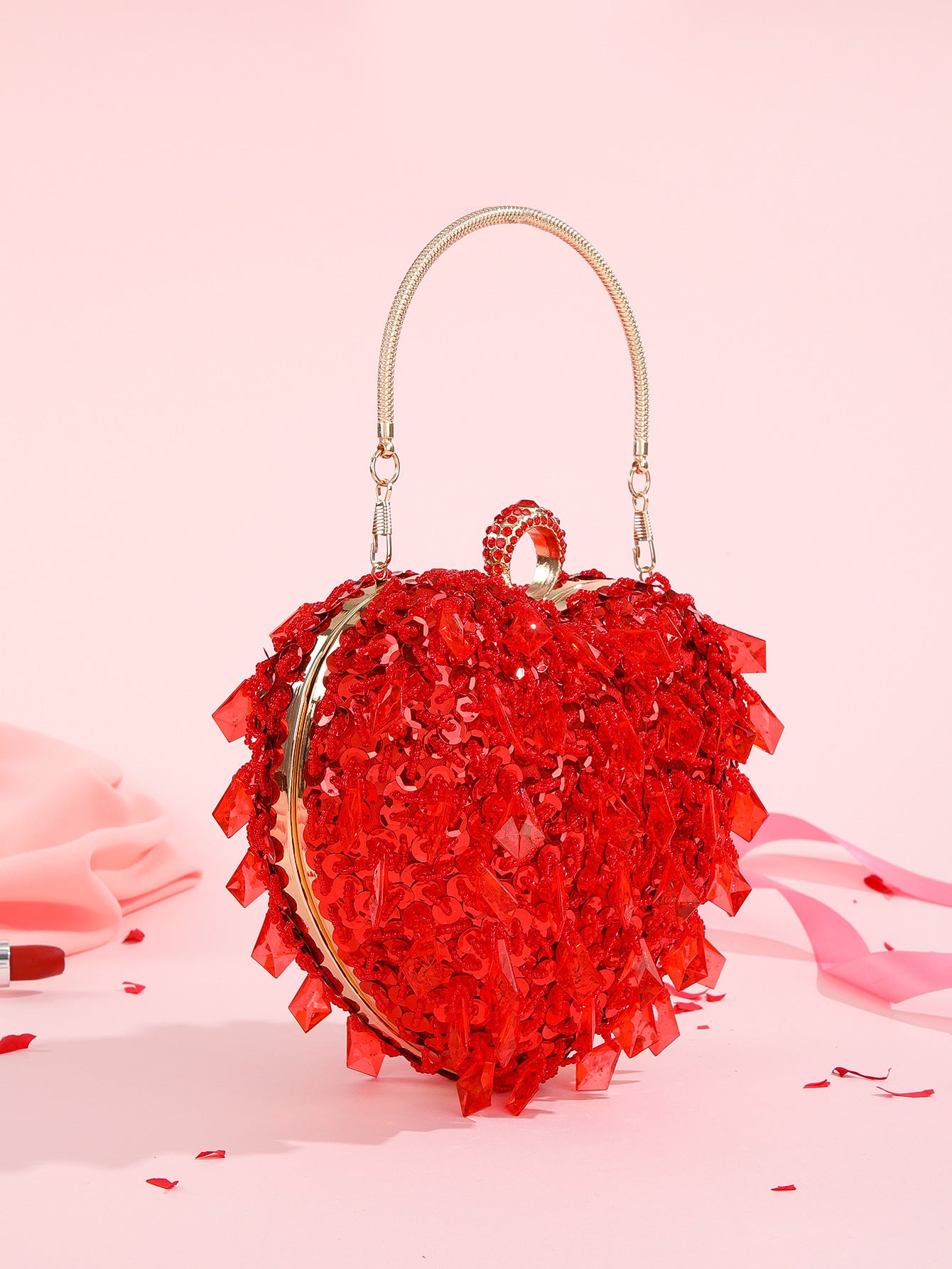 Embroidered Beaded Heart-shaped Handbag