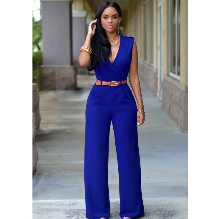 V-neck Wide-leg Pants With Belt