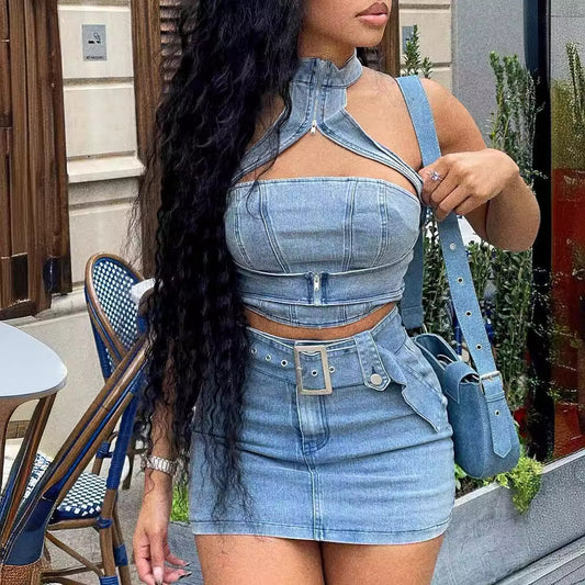 Stretch Denim Halter Set
