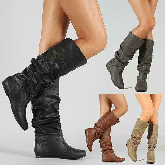 Solid color pleated high leather boots