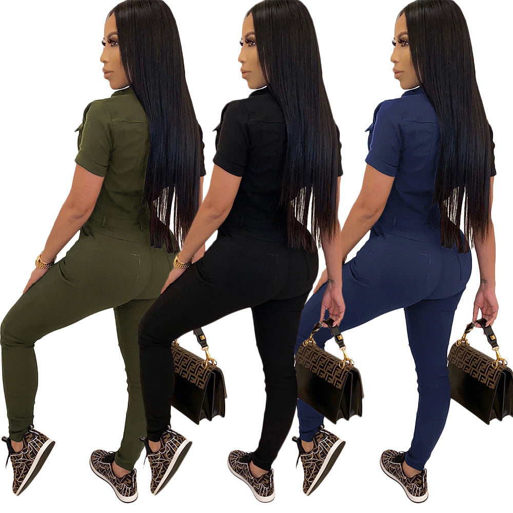 Casual Polo Collar Short-sleeved Jumpsuit