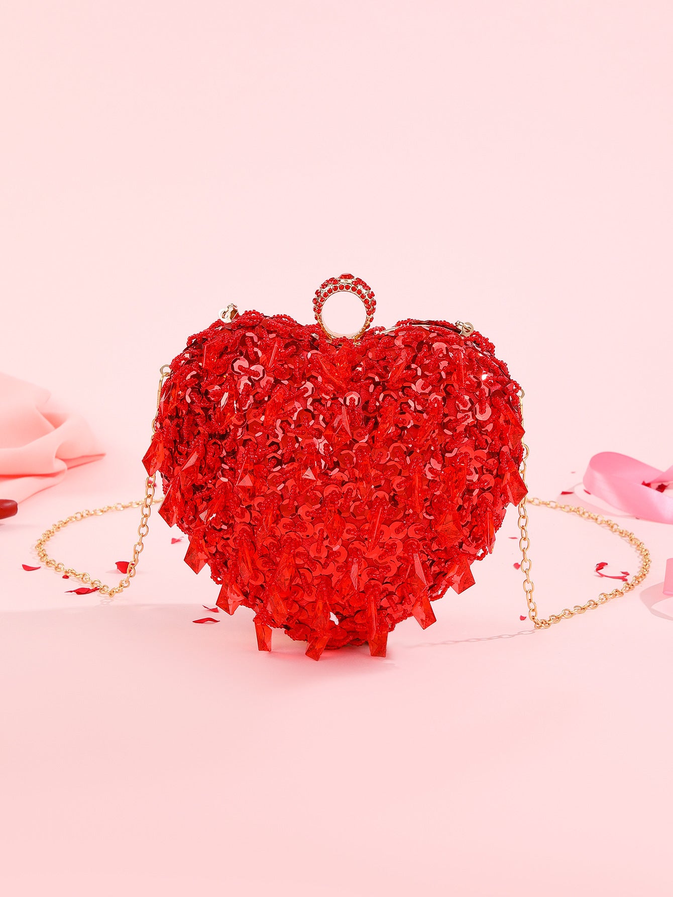 Embroidered Beaded Heart-shaped Handbag