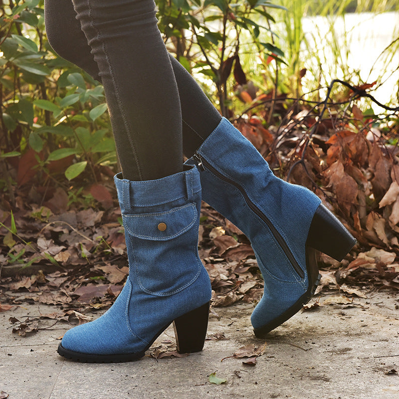 Denim Mid Tube Women Boots