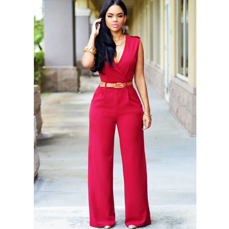 V-neck Wide-leg Pants With Belt