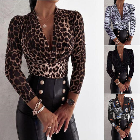 Long Sleeve V-Neck Leopard Blouse