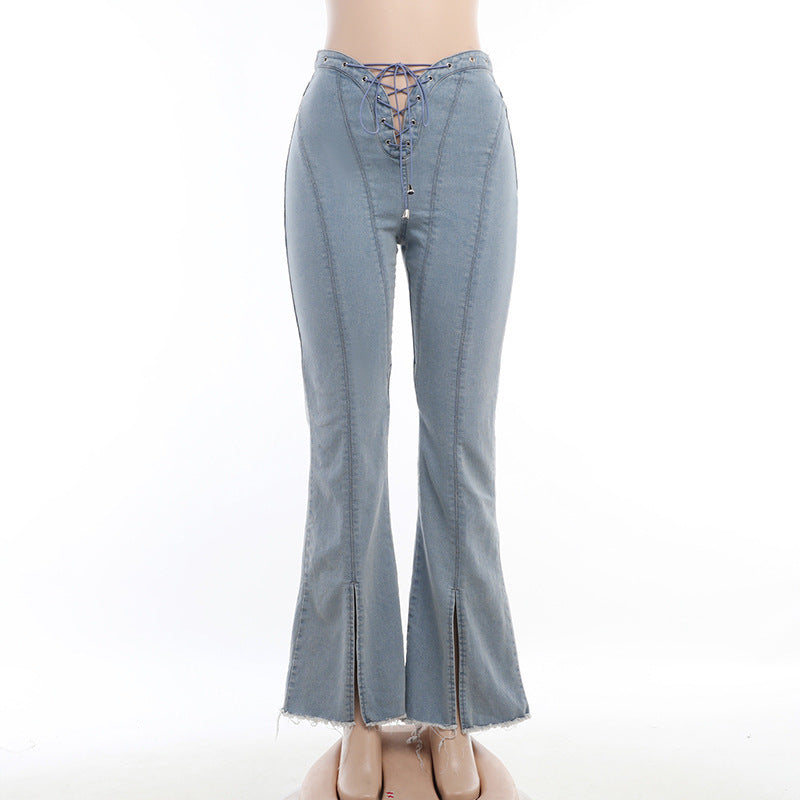 Lace-up Cutout Split Jeans