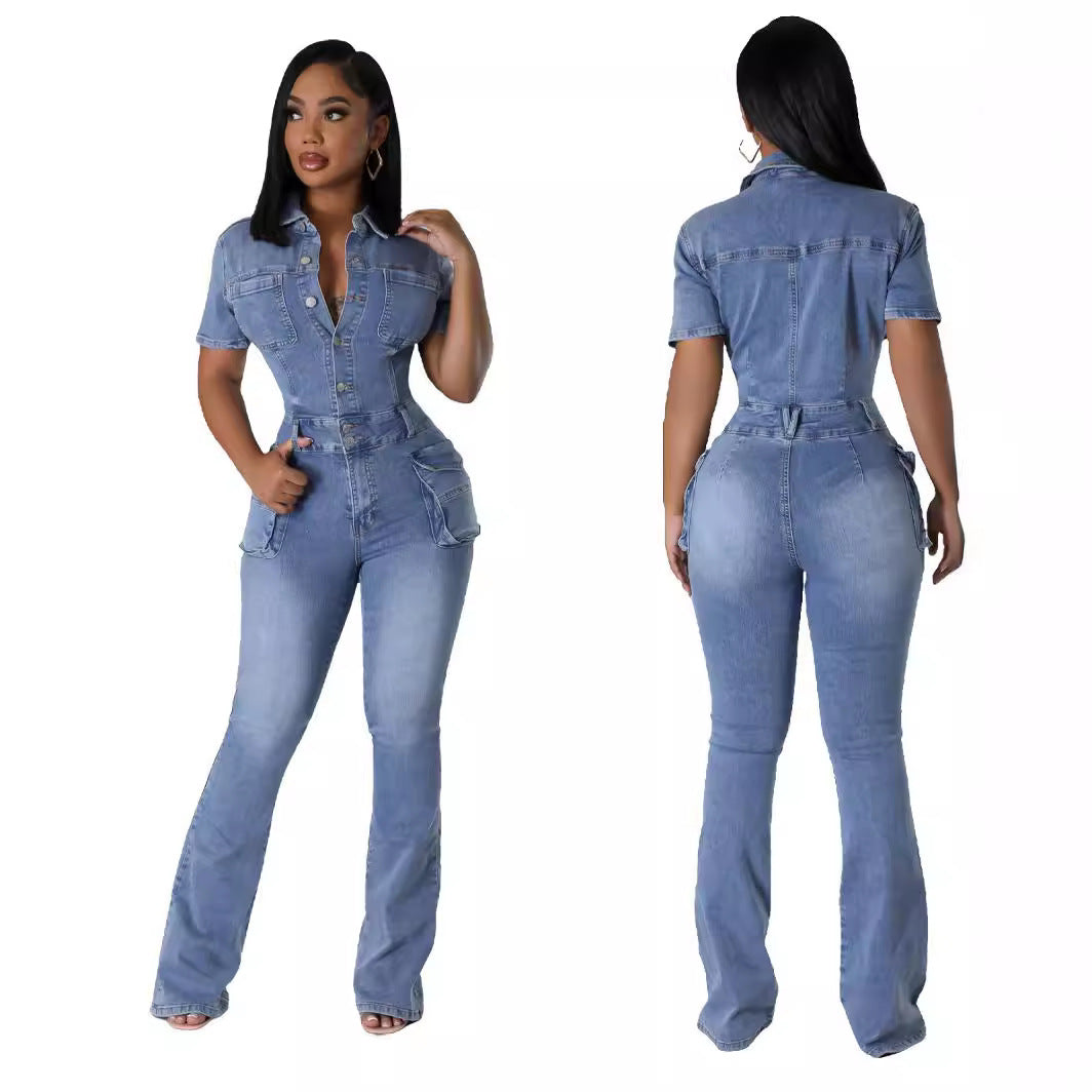 Denim Short-sleeved Jumpsuit