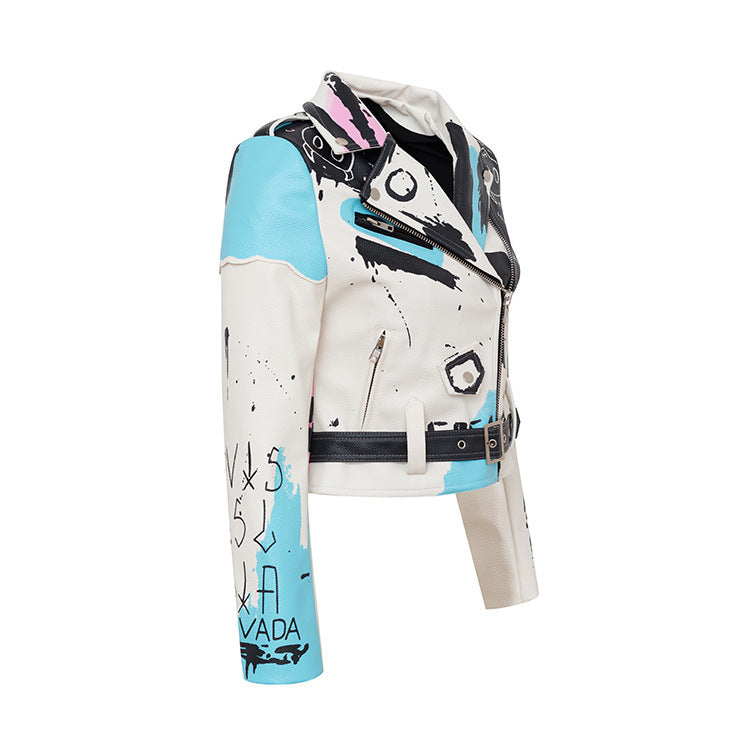 Graffiti Print Rivet Motorcycle Jacket