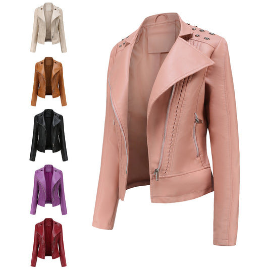 Beaded Leather Long-sleeved Jacket