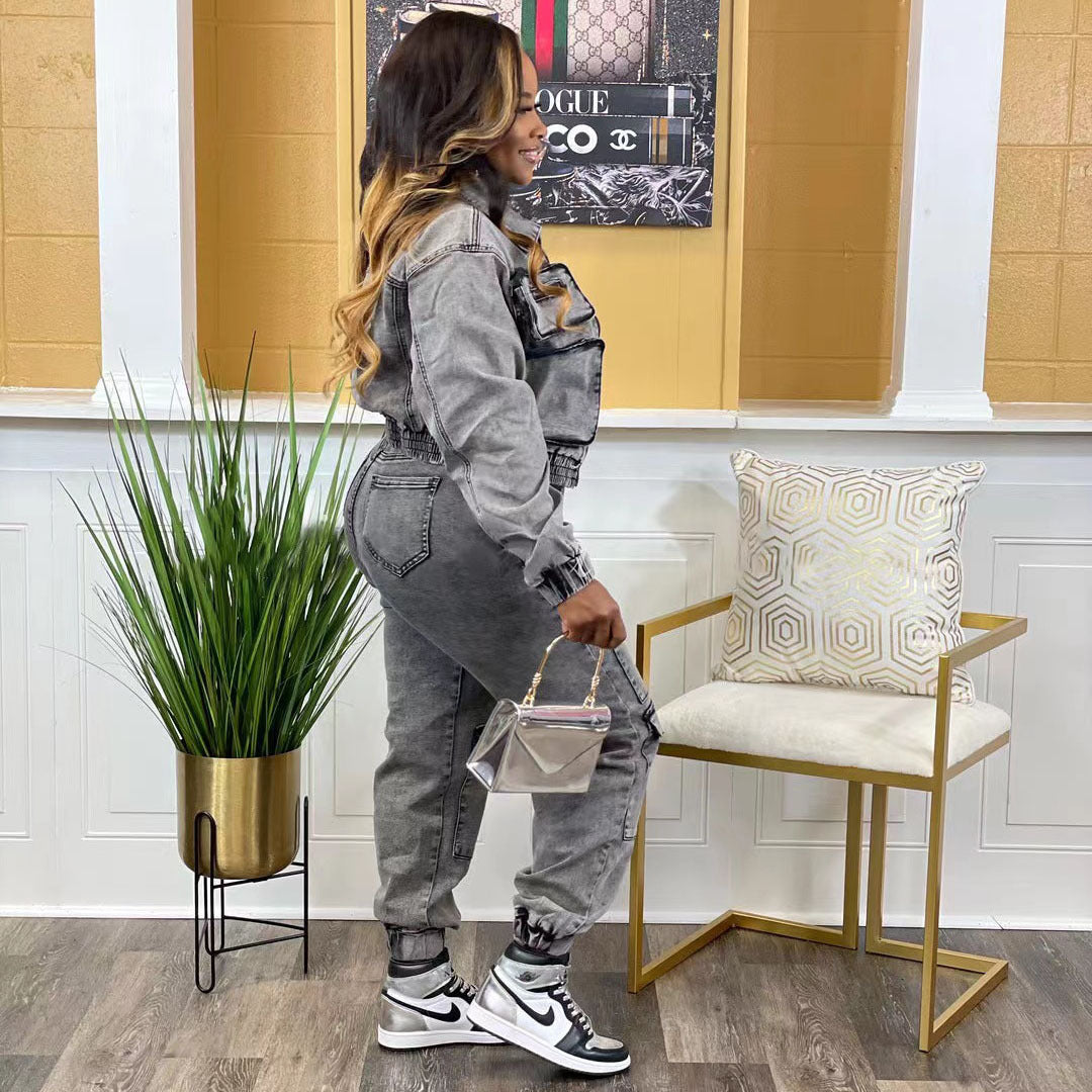 Stretch Multi-pocket Washed Denim Casual Suit Two-piece Set