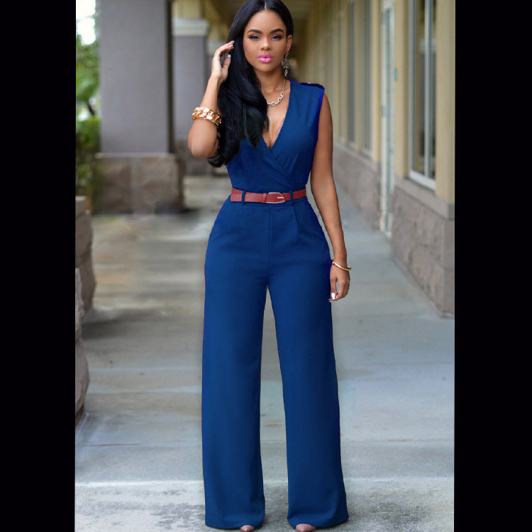 V-neck Wide-leg Pants With Belt