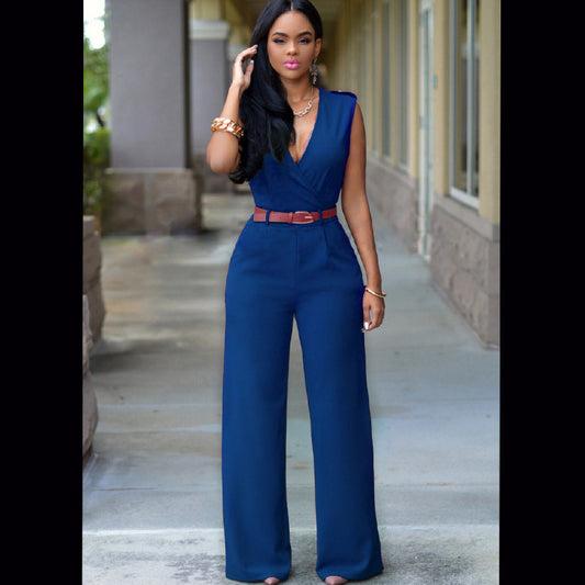 V-neck Wide-leg Pants With Belt
