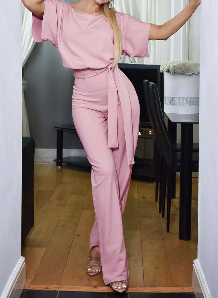 Lace-up Short-sleeved Jumpsuit