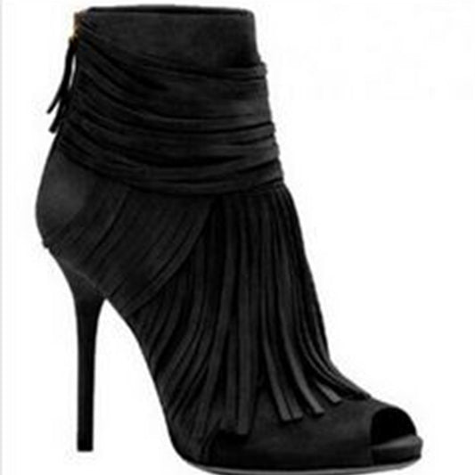 Suede Fringed Back Zipper Stiletto Heels