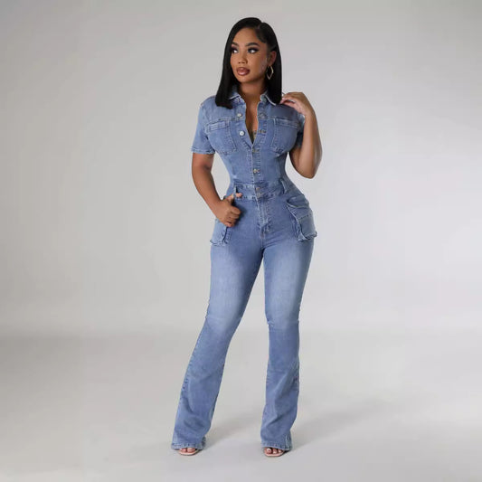 Denim Short-sleeved Jumpsuit