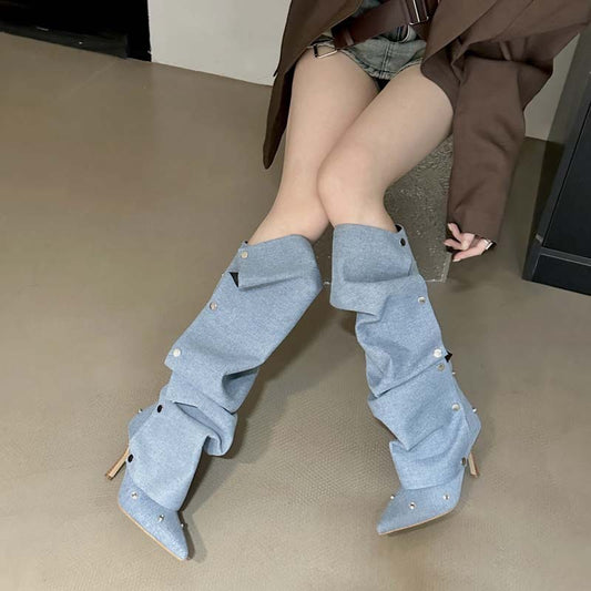 Two-way Stiletto Heel Denim Pleated