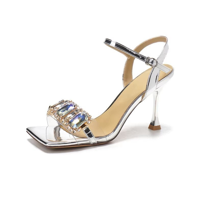 Rhinestone Strap Square Open Toe High Heels