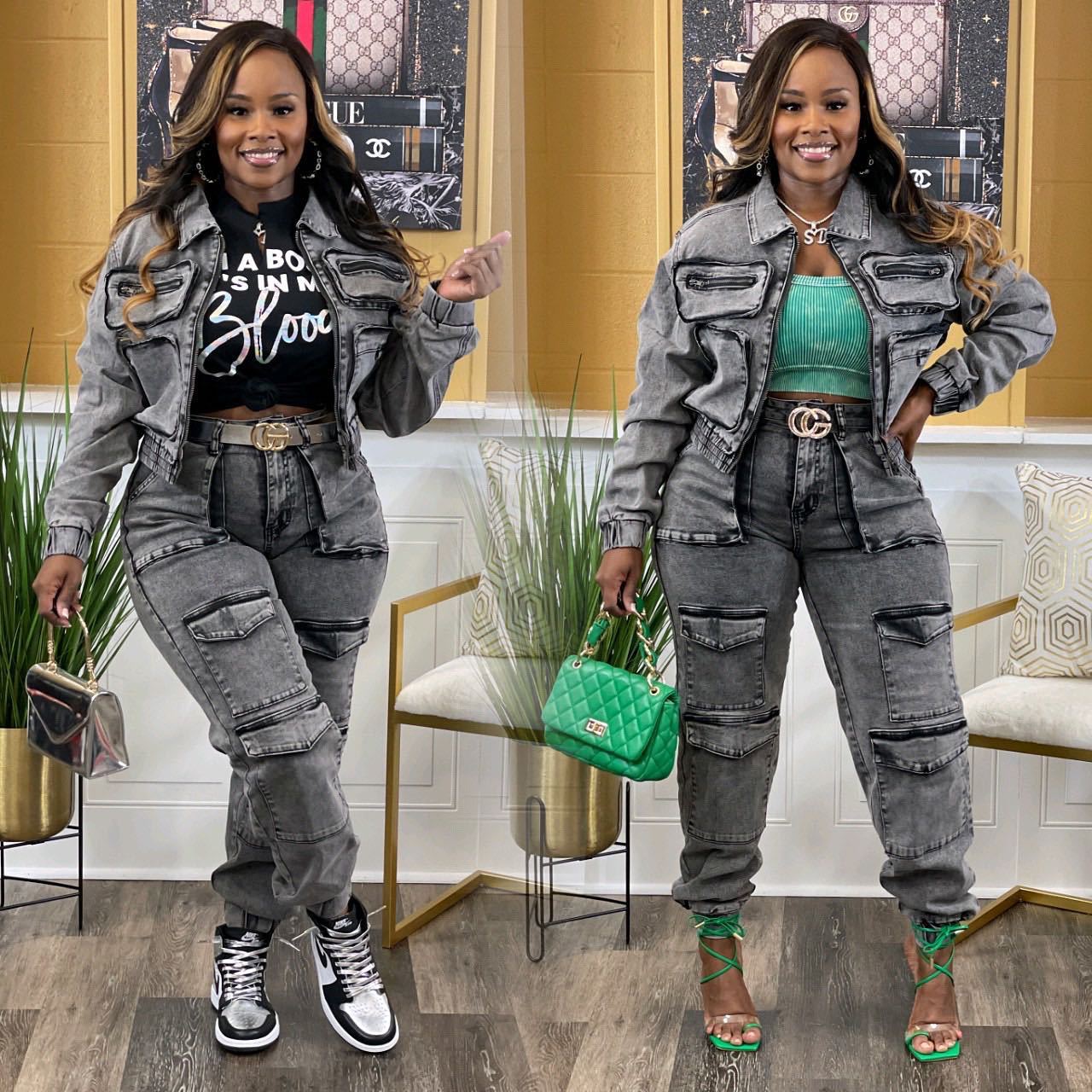 Stretch Multi-pocket Washed Denim Casual Suit Two-piece Set