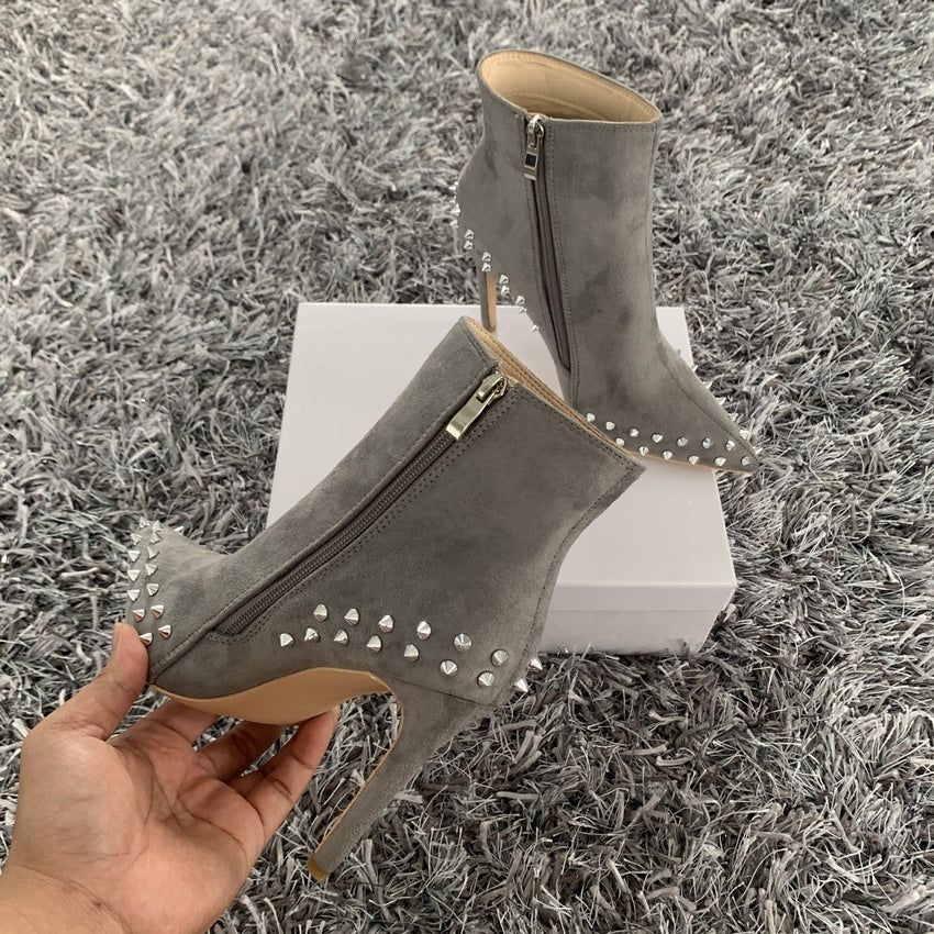 Suede Pointed Gray Rivets Zipper Boots