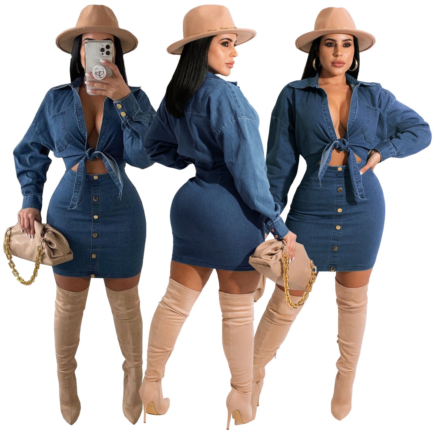 Denim Collar Dress Suit