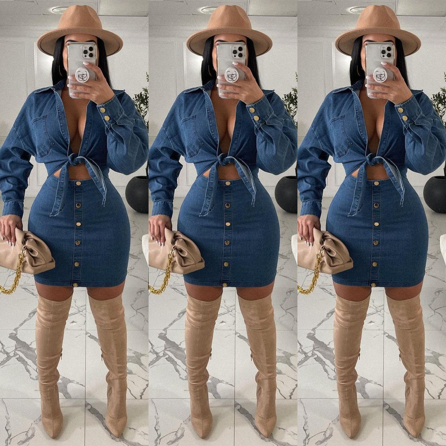 Denim Collar Dress Suit