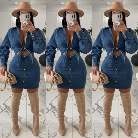 Denim Collar Dress Suit