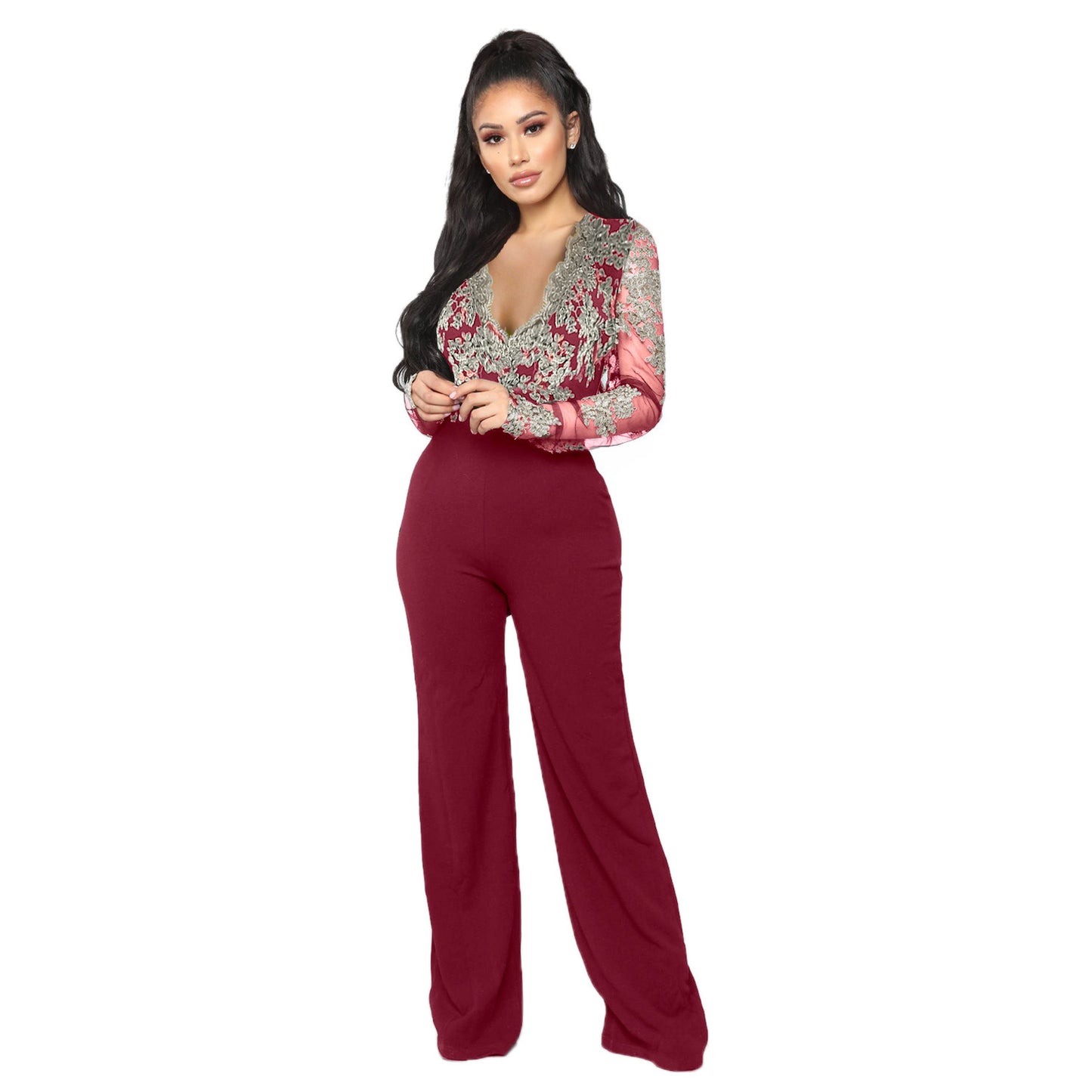Lace V-neck Long-sleeved Wide-leg Jumpsuit