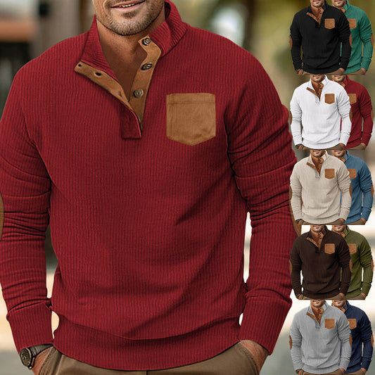 Patch Pocket  Stand Collar Long Sleeve Corduroy Multicolor