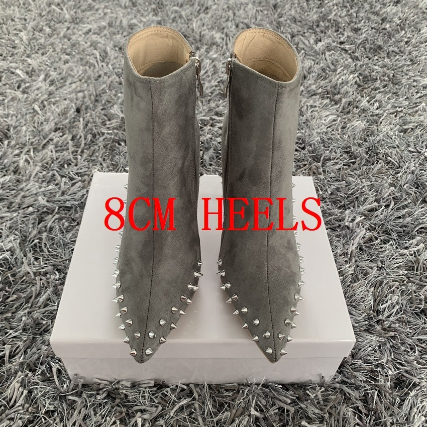 Suede Pointed Gray Rivets Zipper Boots