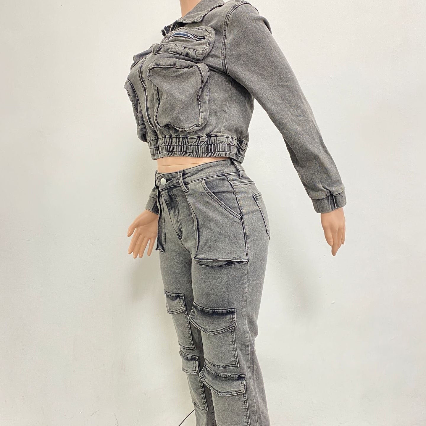 Stretch Multi-pocket Washed Denim Casual Suit Two-piece Set