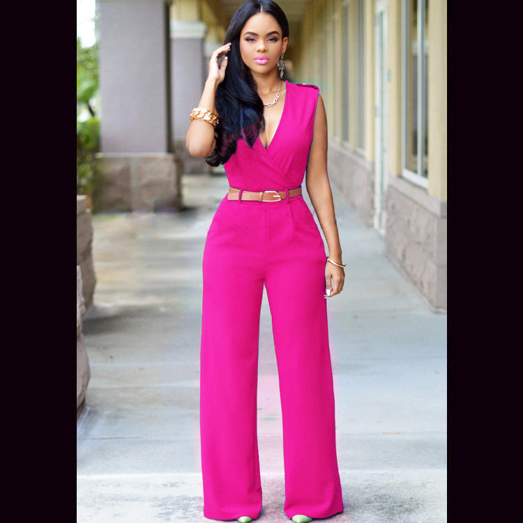 V-neck Wide-leg Pants With Belt