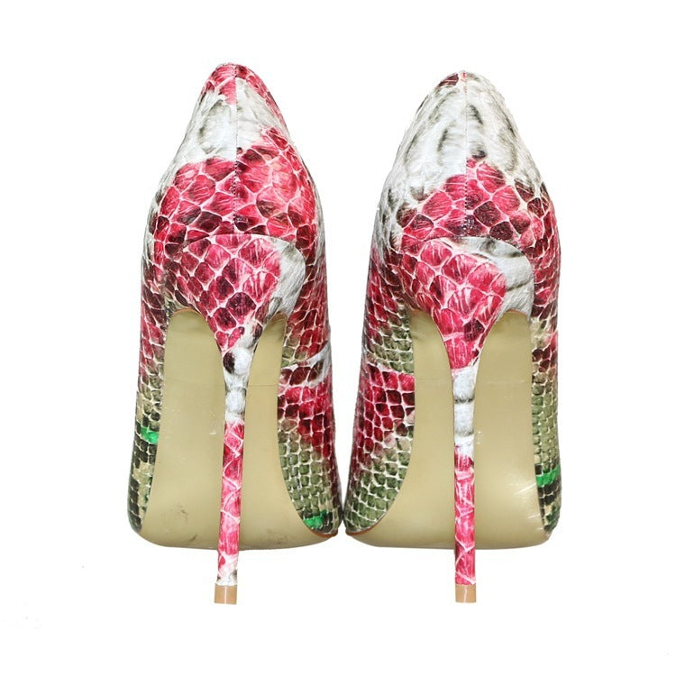 Pointed Snake Pattern Low-cut High Heels