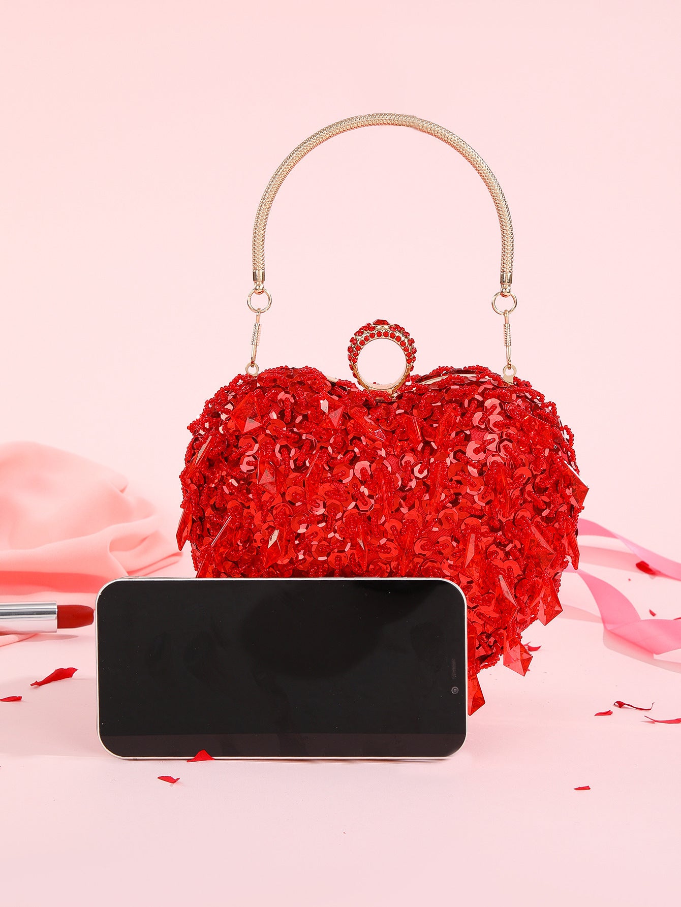 Embroidered Beaded Heart-shaped Handbag