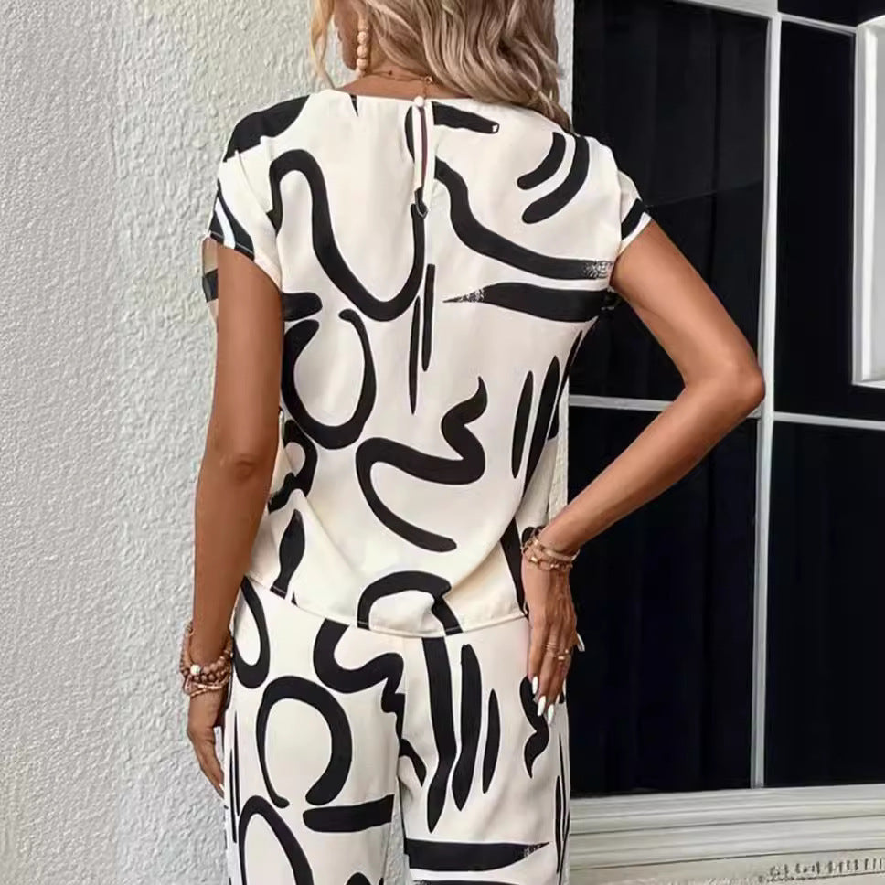 Wide-leg Pants Short Sleeve Two-piece Suit