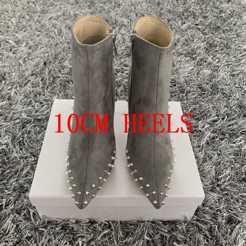 Suede Pointed Gray Rivets Zipper Boots