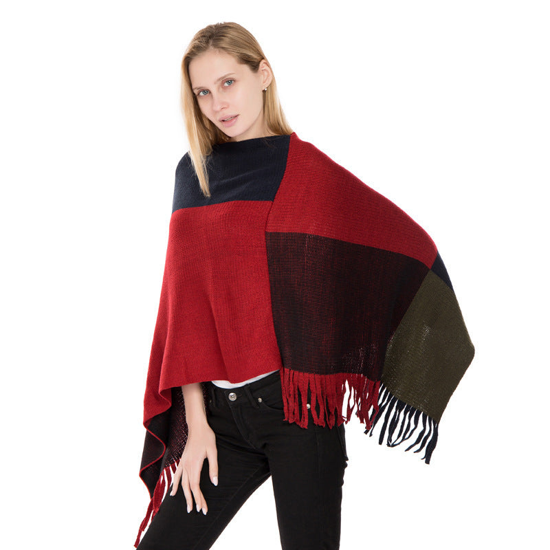 Large Plaid Color Matching Knitted Warm Shawl