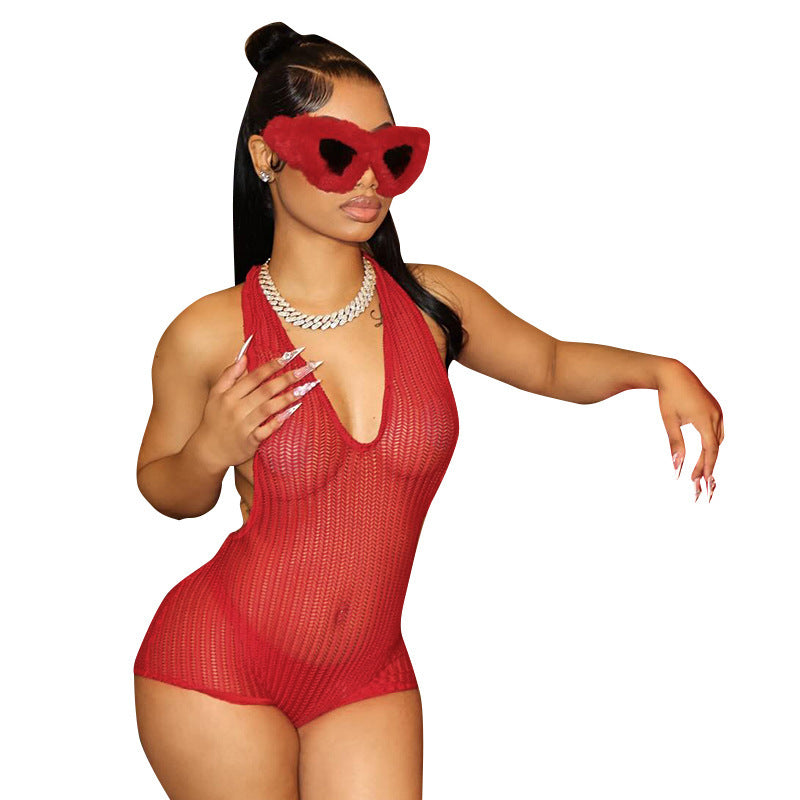 Wheat Mesh Halter Cut-out One-piece Shorts