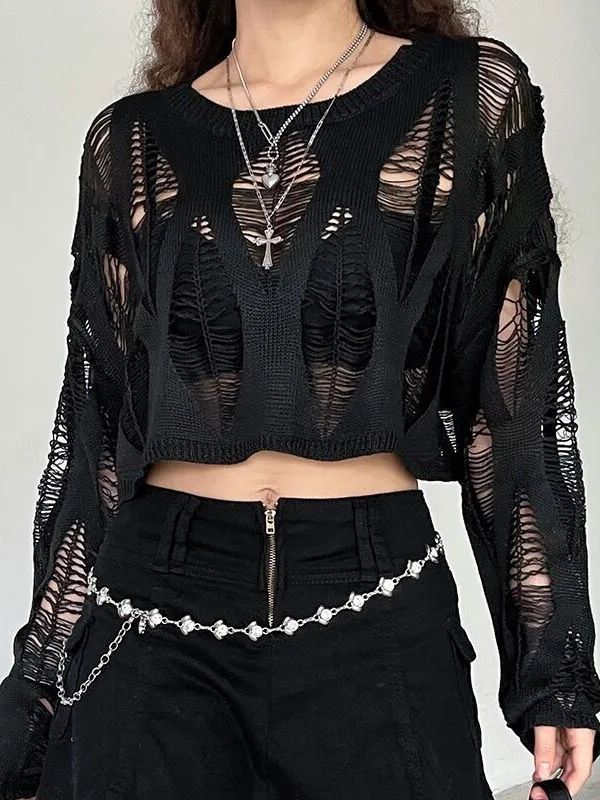 See-through Ripped Pullover Sweater