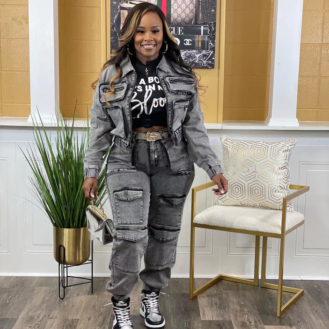 Stretch Multi-pocket Washed Denim Casual Suit Two-piece Set