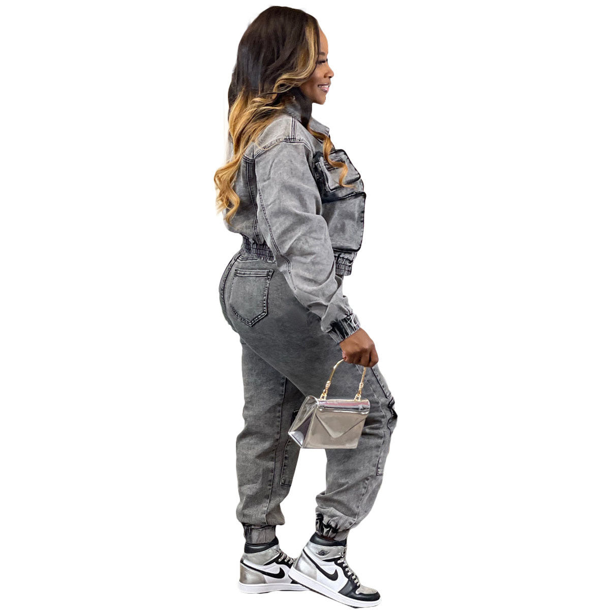 Stretch Multi-pocket Washed Denim Casual Suit Two-piece Set