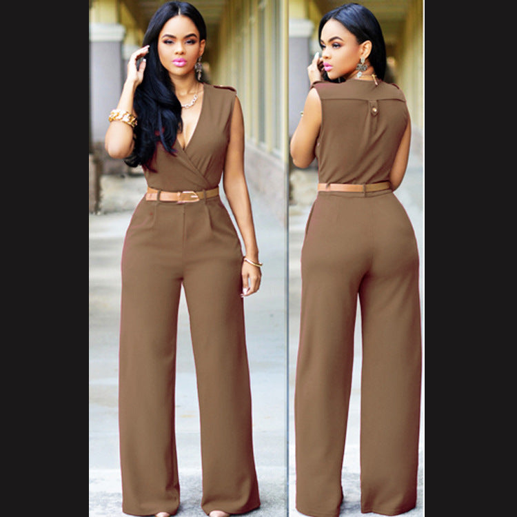 V-neck Wide-leg Pants With Belt