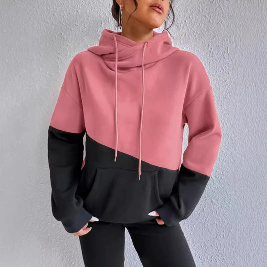 Patchwork Drawstring Loose Hooded Sweater