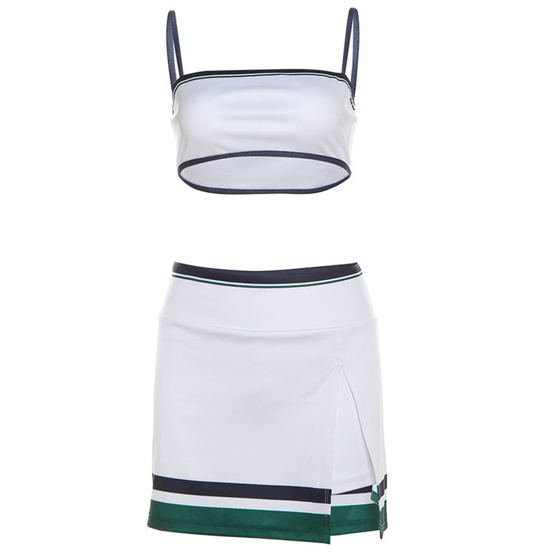 Suspender Stripes Color Matching Skirt Suit