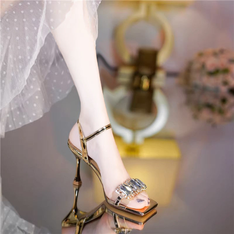 Rhinestone Strap Square Open Toe High Heels