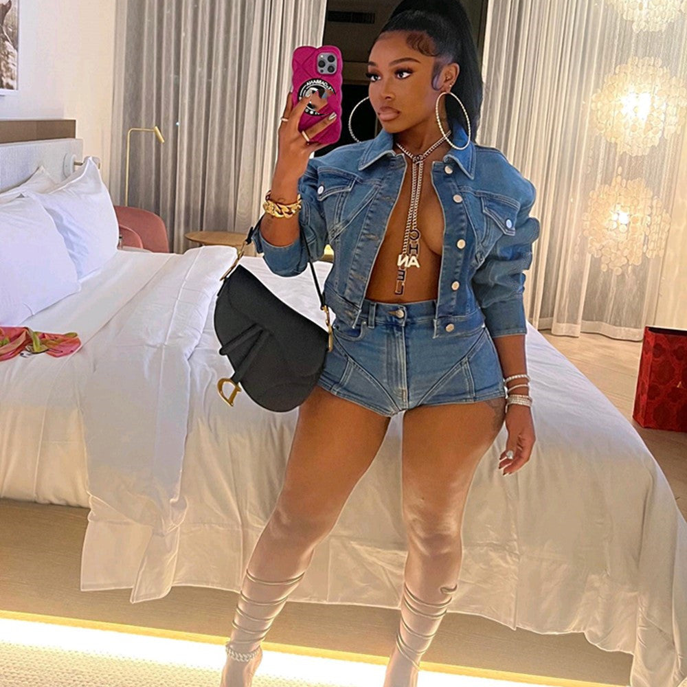 Denim Casual Shorts Set
